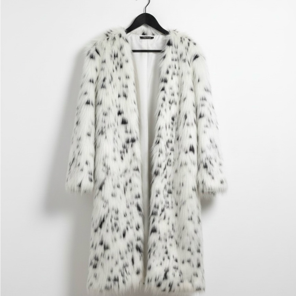 Elegant White and Black Faux Fur Coat
